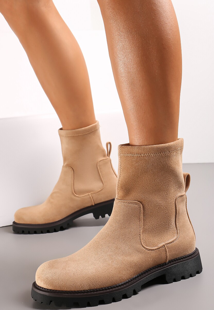 Beżowe Botki za Kostkę z Imitacji Zamszu Silvano