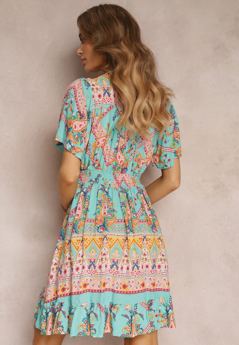 Miętowo-Różowa Wiskozowa Sukienka Mini z Gumkami w Talii i Falbanką na Dole Fraida