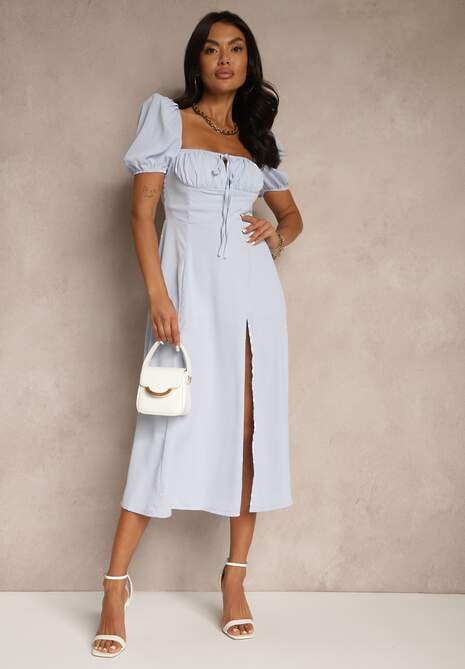 Niebieska Rustykalna Sukienka o Rozkloszowanym Kroju z Wiązaniem i Rozcięciem Idanvera