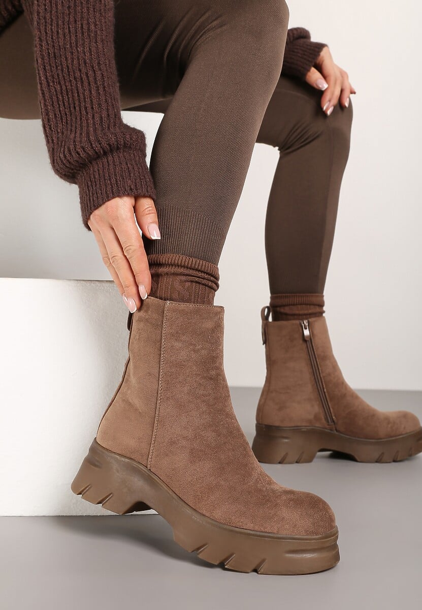 Ciemnobeżowe Casualowe Botki z Ekozamszu na Platformie Naolara