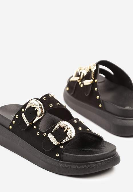 Czarne Klapki z Nitami i Klamrami Ravisi