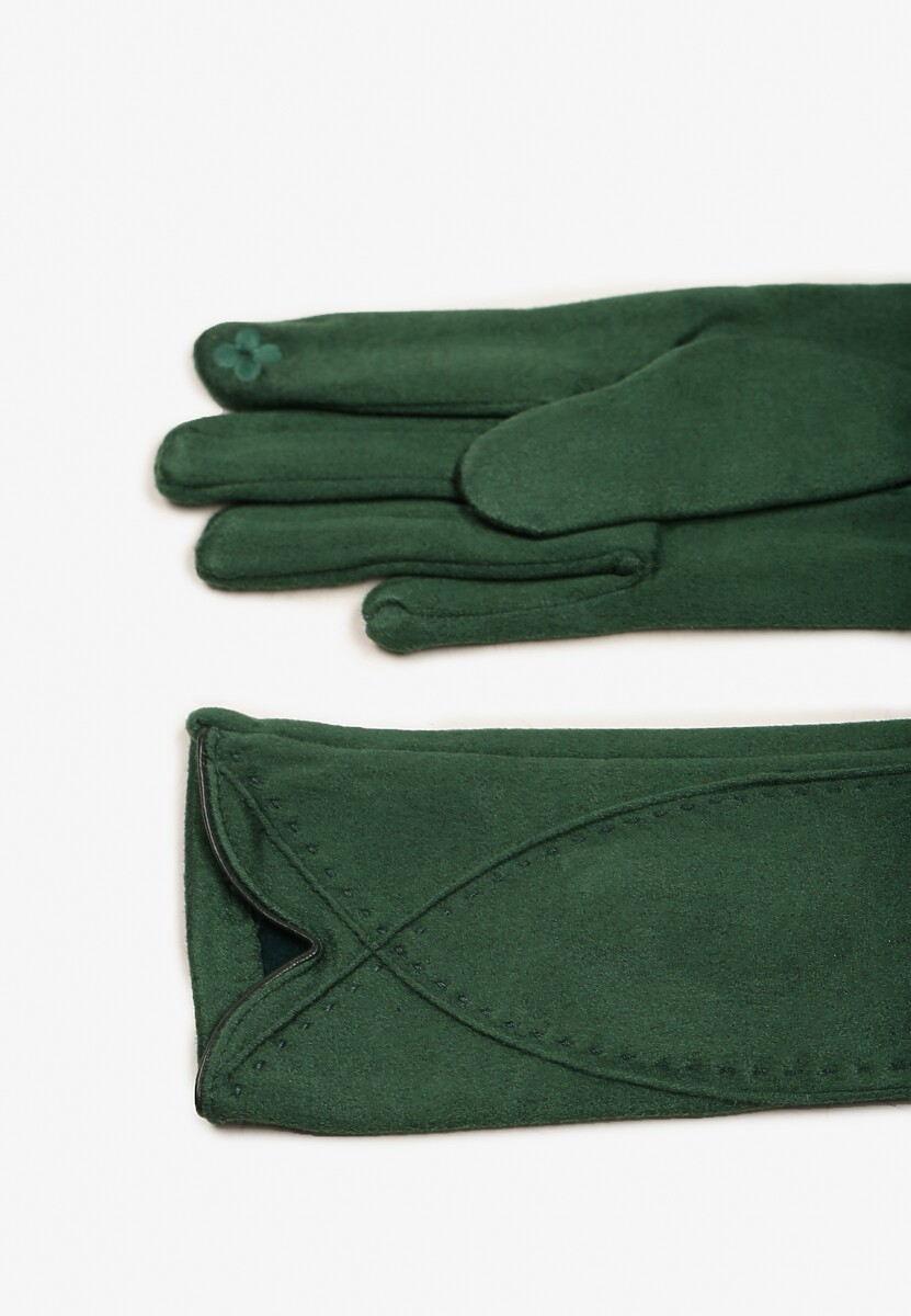 Zielone Rękawiczki Zimowe z Bawełną Ozdobione Przeszyciami Delatlina