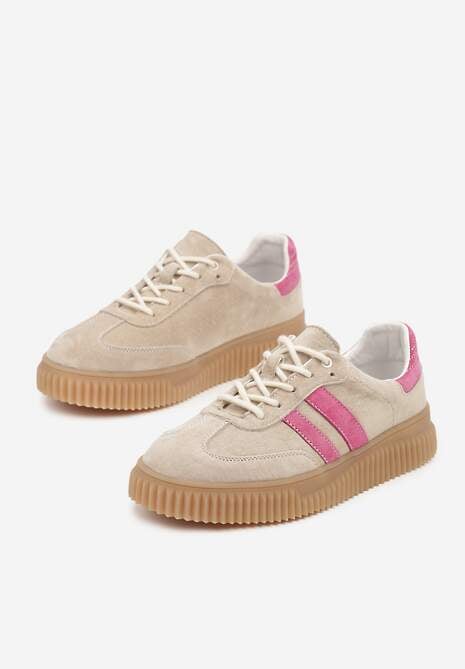 Beżowo-Fuksjowe Zamszowe Sneakersy Tenisówki z Wkładką ze Skóry Naturalnej Ozdobione Tłoczeniem Meluella