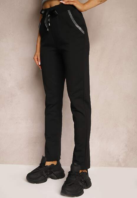 Czarne Dresowe Spodnie z Gumką w Pasie High Waist z Cyrkoniami Bravur