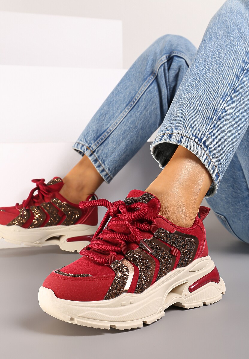 Bordowe Sznurowane Sneakersy na Platformie Ozdobione Brokatem Ewla