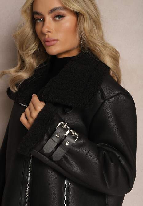 Czarna Kurtka Biker z Futerkiem Asymetrycznym Suwakiem i Paseczkami Sanet