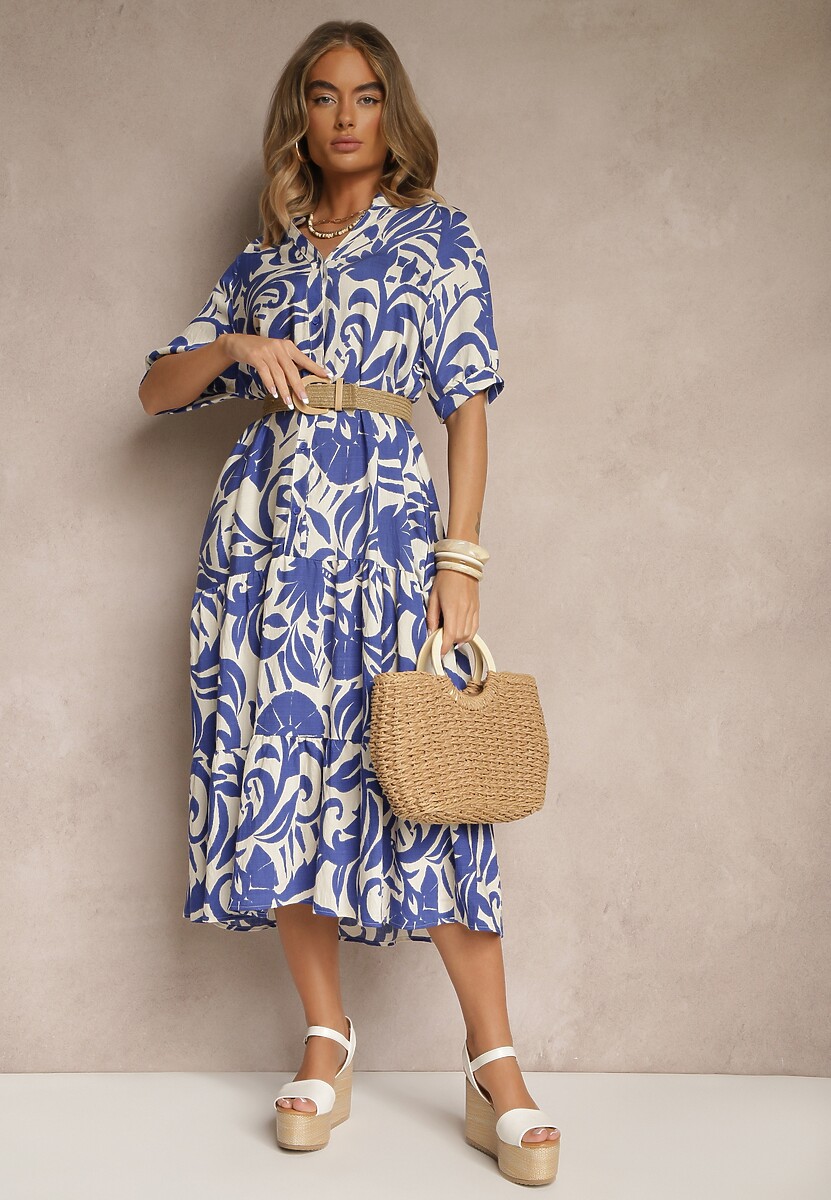 Niebieska Rozkloszowana Sukienka z Wiskozy Ozdobiona Falbaną Filesenia