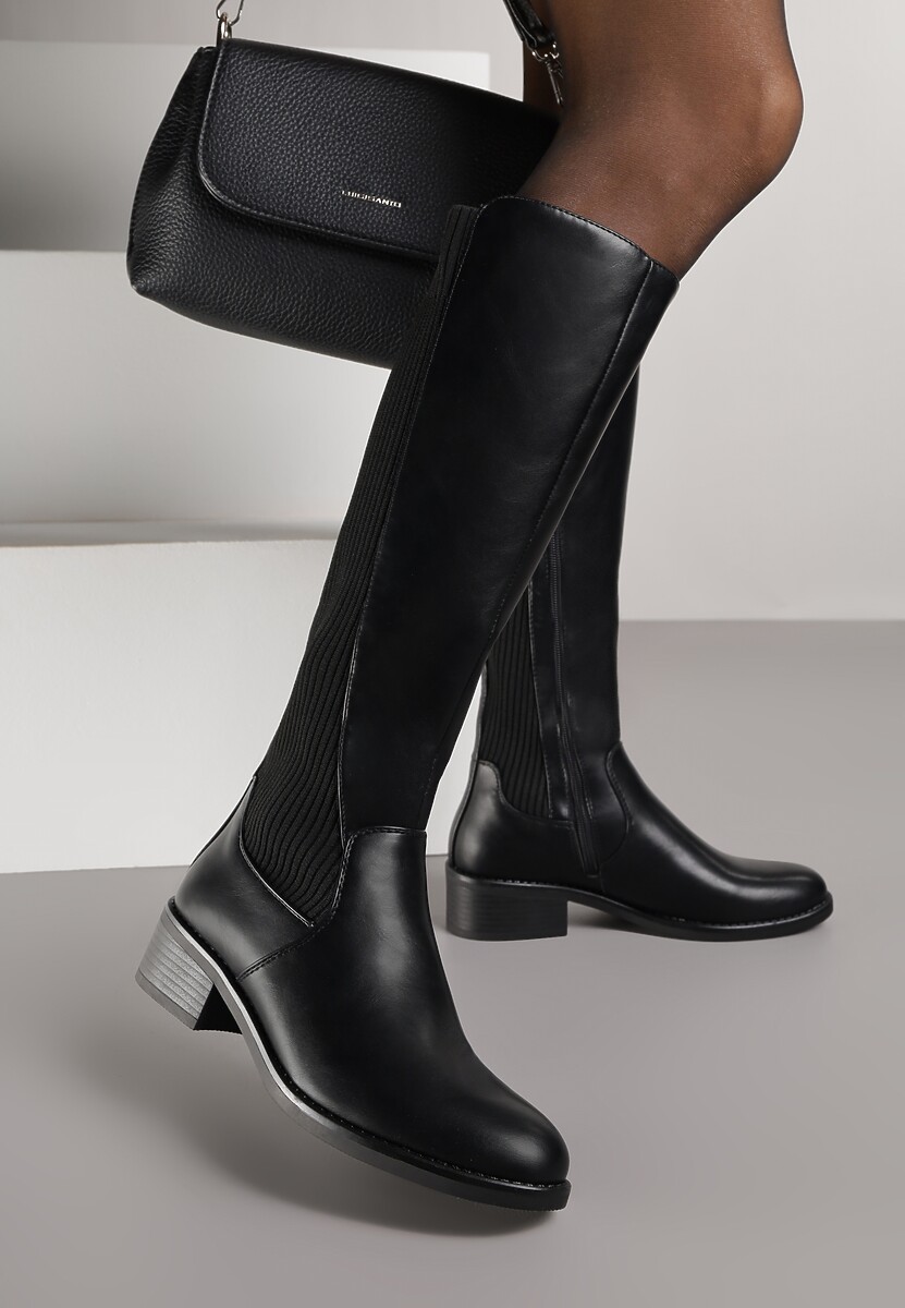 Czarne Casualowe Kozaki Typu Muszkieterki na Płaskiej Podeszwie Belissae