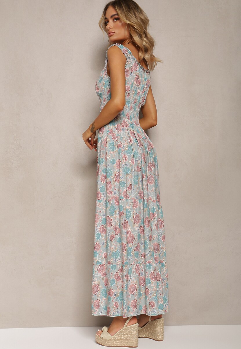 Miętowa Kwiecista Sukienka Rozkloszowana z Bawełny na Ramiączkach Kalassia