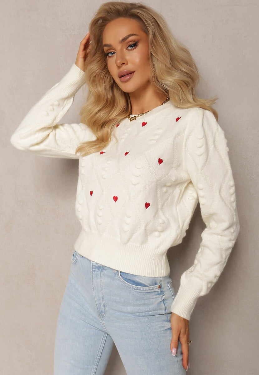 Beżowy Klasyczny Sweter ze Ściągaczami i Ozdobnymi Haftami Reani