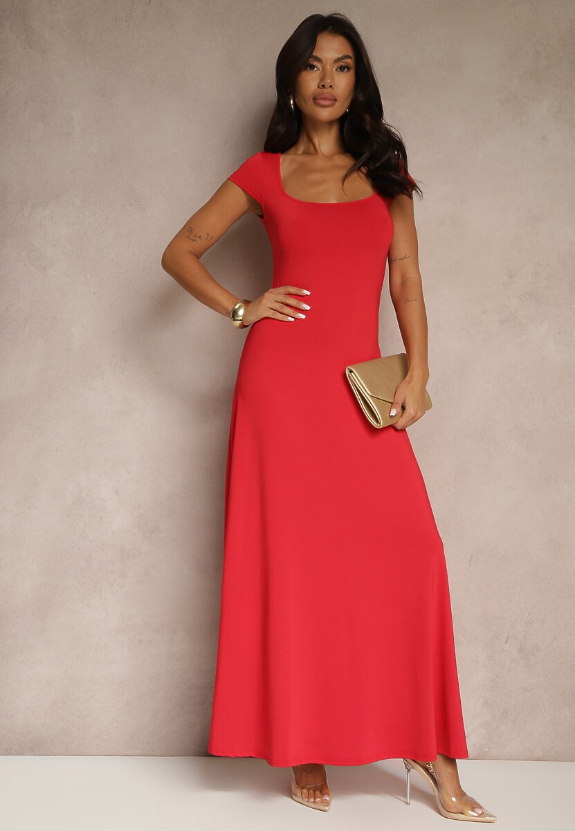 Czerwona Rozkloszowana Sukienka z Wiskozą z Kwadratowym Dekoltem Nalorina