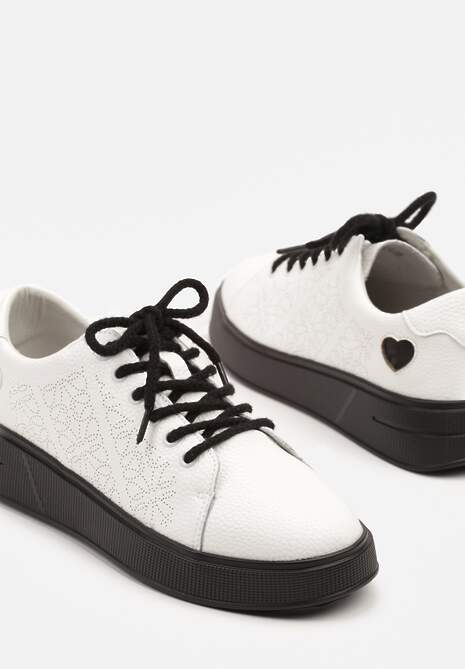 Biało-Czarne Sneakersy z Wkładką ze Skóry Naturalnej Ozdobione Cyrkoniami i Sercem Tiralia