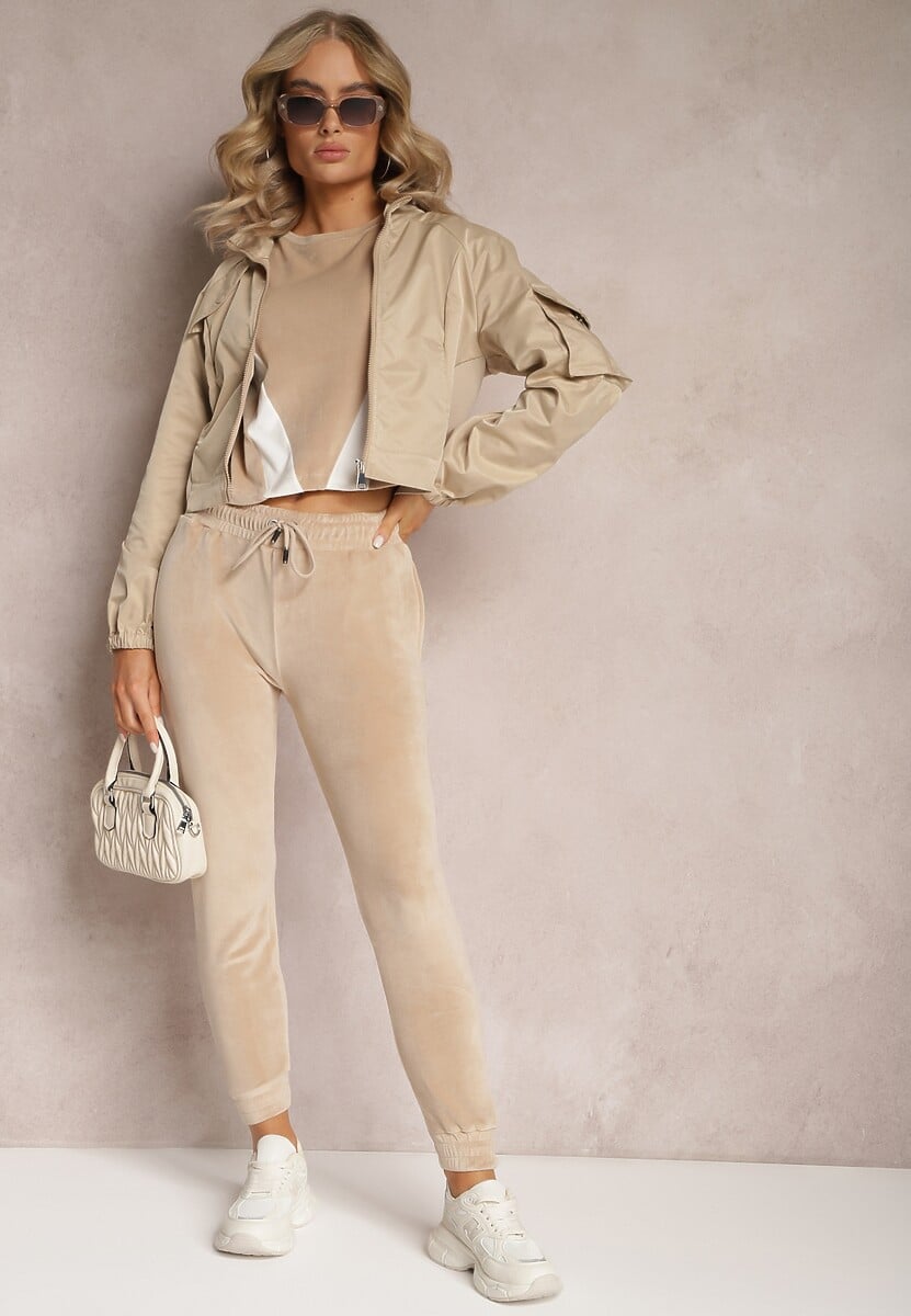 Beżowy 2-częściowy Komplet Dresowy Welurowy z Bluzą i Spodniami Vestali