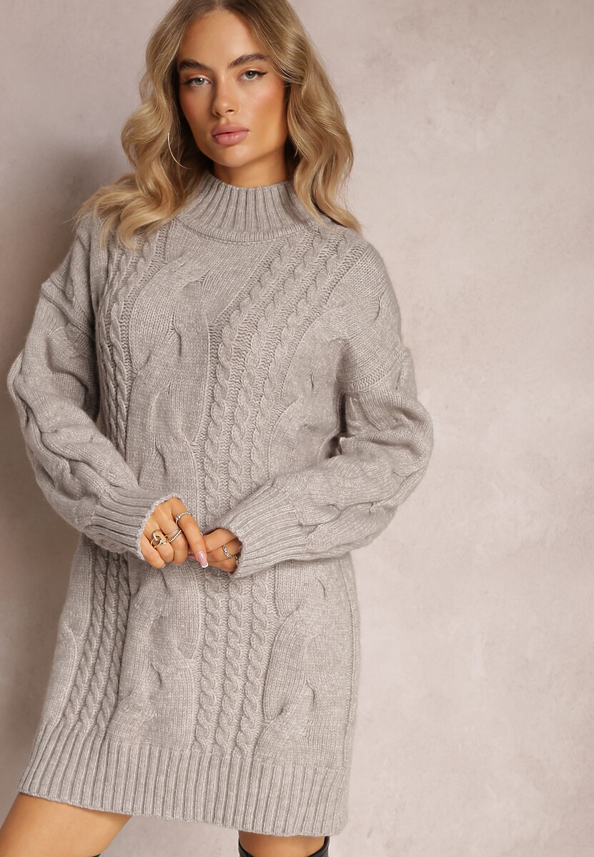 Szary Długi Sweter o Luźnym Kroju z Warkoczykowym Splotem Penerria