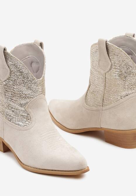 Jasnobeżowe Botki Typu Kowbojki na Niskim Obcasie Elearisha