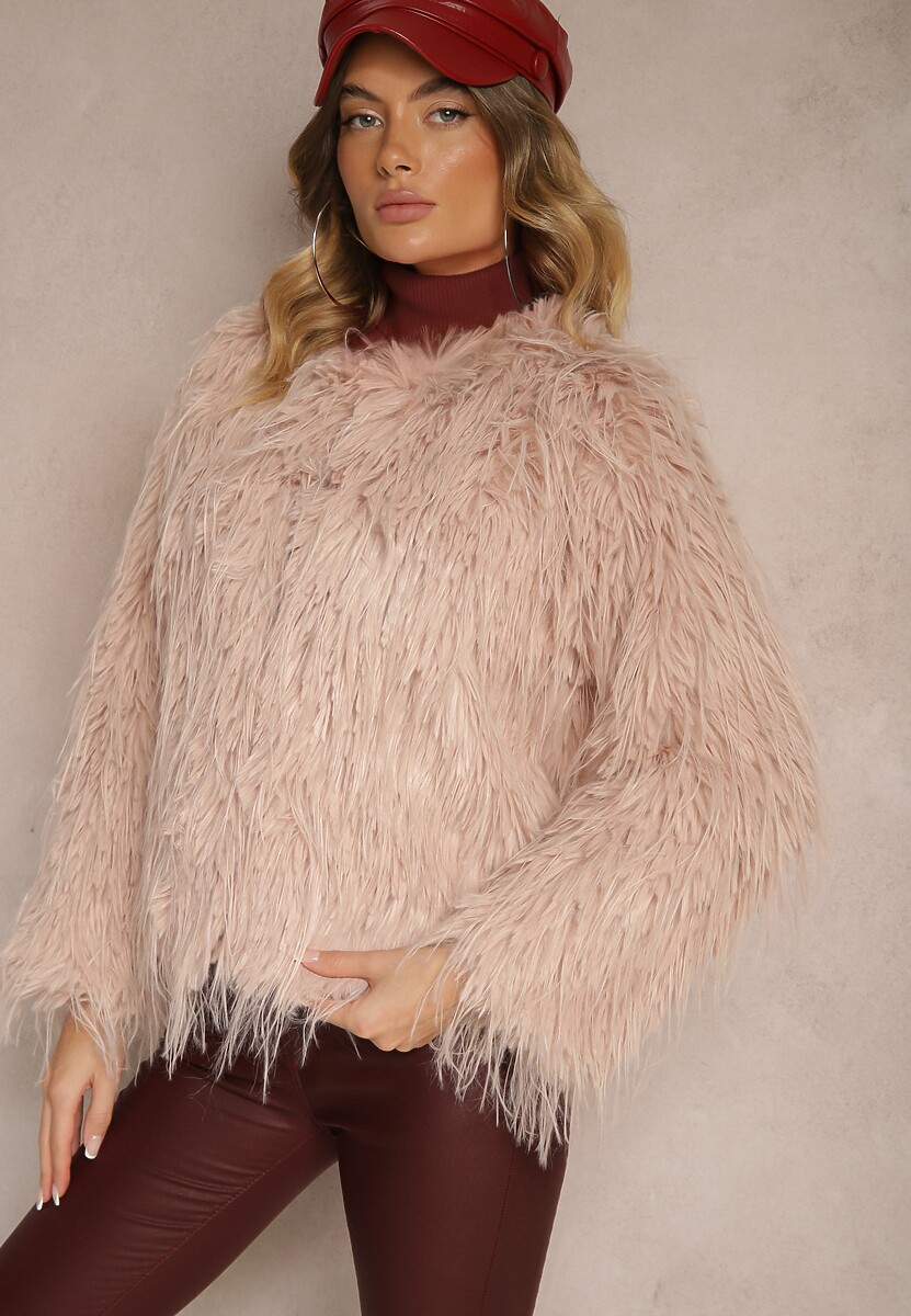 Ciemnoróżowa Futerkowa Kurtka o Prostym Kroju z Zapięciem na Haftki Sialithiel