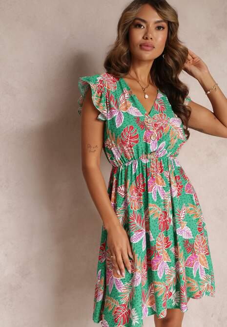 Zielona Wiskozowa Sukienka Mini z Gumką w Pasie i Ozdobnymi Guzikami Trypha