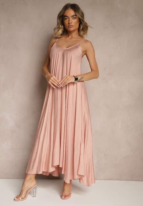 Różowa Wiskozowa Sukienka o Rozkloszowanym Kroju Ozdobiona Cyrkoniami Tosnaria