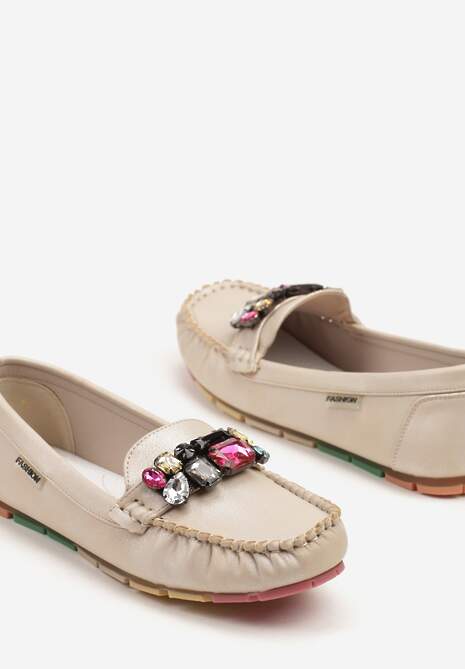 Beżowe Mokasyny z Wkładką ze Skóry Naturalnej i Cyrkoniami Zimora