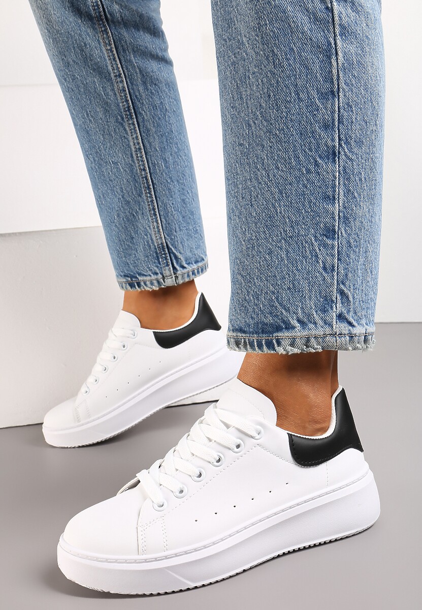 Biało-Czarne Sneakersy z Ekoskóry na Grubej Podeszwie ze Sznurowaniem Serizia