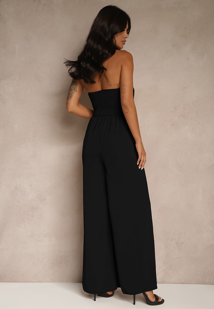 Czarny Kombinezon Koktajlowy Ozdobiony Paskiem z Metaliczną Klamrą Zermira