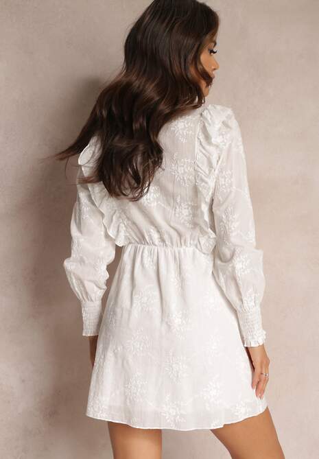 Biała Haftowana Sukienka z Gumką w Pasie i Falbankami Caceida