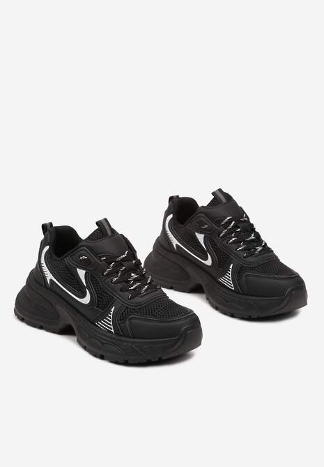 Czarne Sneakersy na Profilowanej Podeszwie z Siateczkowymi Wstawkami Parinella