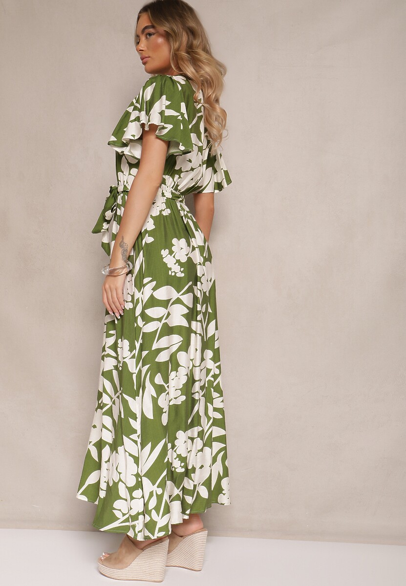 Zielona Wiskozowa Sukienka Rozkloszowana w Kwiaty z Paskiem Flornelia