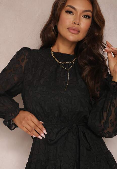 Czarna Sukienka Koronkowa Wiązana w Pasie Crella