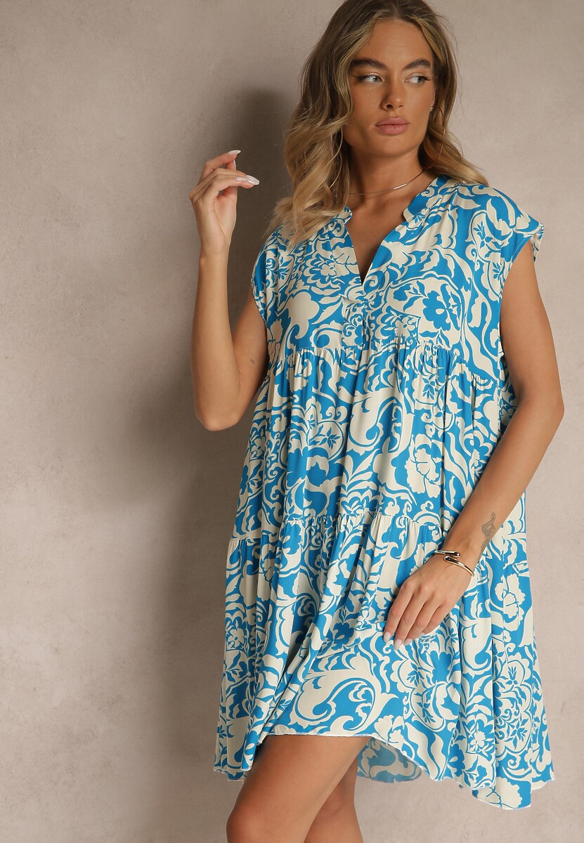 Ciemnozielona Sukienka Oversize z Bawełny z Ornamentnym Wzorem Folazea