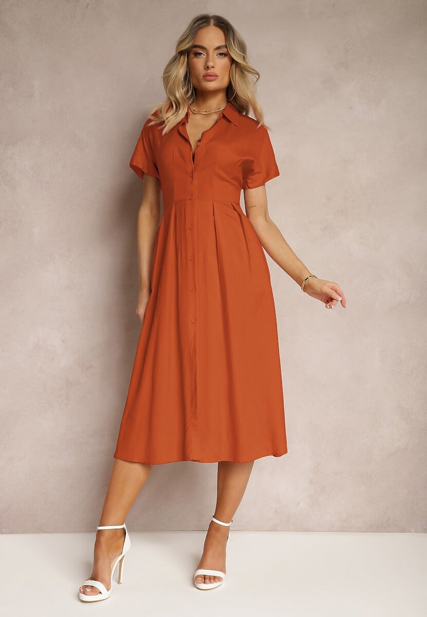 Pomarańczowa Sukienka Koszulowa z Lnem i Wiskozą Jucilla
