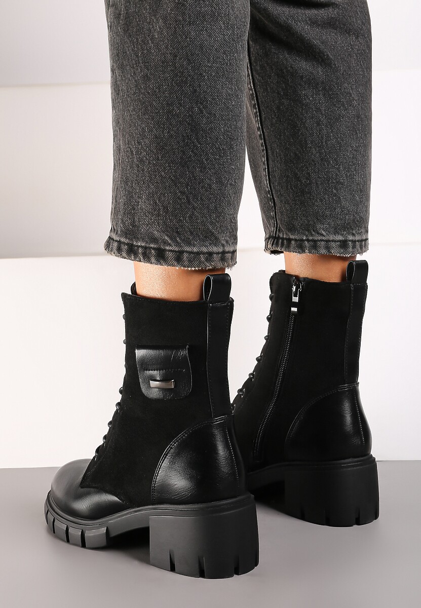 Czarne Botki na Tłoczonym Słupku i Platformie ze Sznurowaniem i Metaliczną Ozdobą Mezita