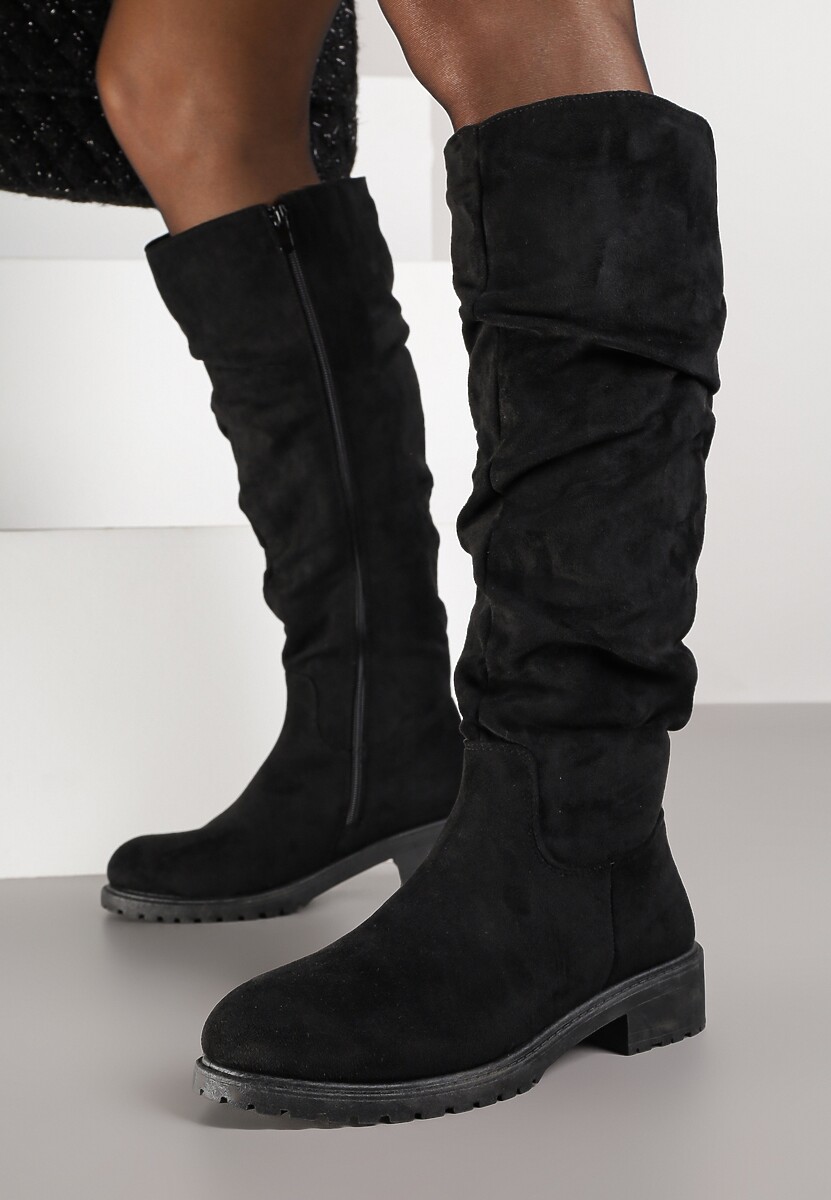 Czarne Kozaki Muszkieterki z Marszczoną Cholewką Onne