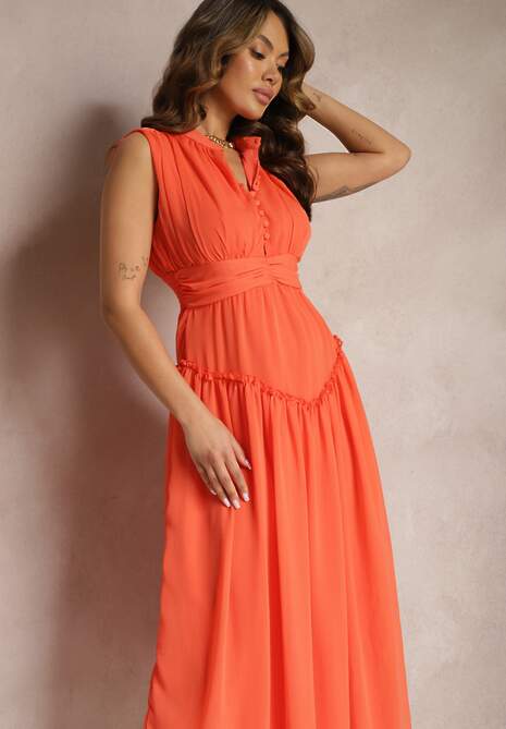 Pomarańczowa Rozkloszowana Sukienka Długa z Guzikami o Taliowanym Fasonie Jovitta