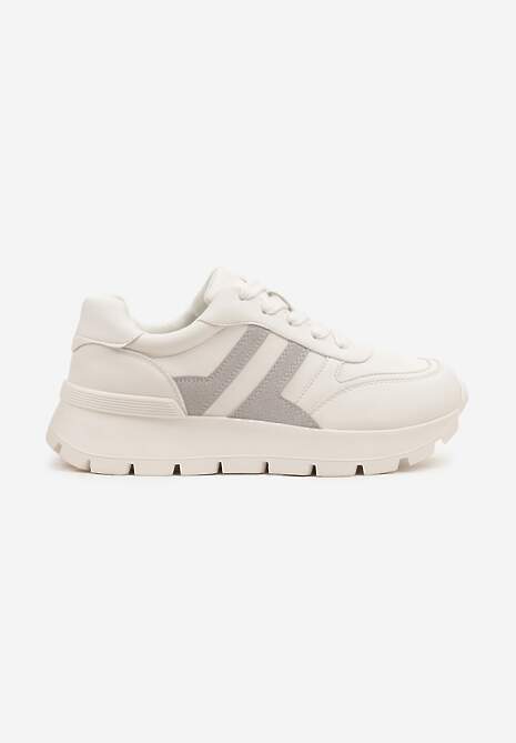 Biało-Szare Sneakersy na Grubej Podeszwie Zdobione Przeszyciami Lulline