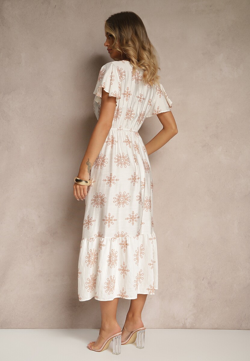 Biało-Beżowa Sukienka z Wiskozy Ozdobiona Falbanką i Kwiatami Lumacelle