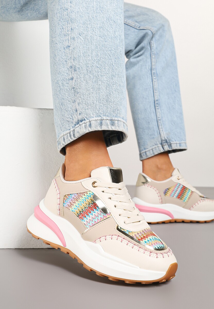 Beżowo-Różowe Sneakersy na Platformie ze Wstawkami z Plecionki Ninatia