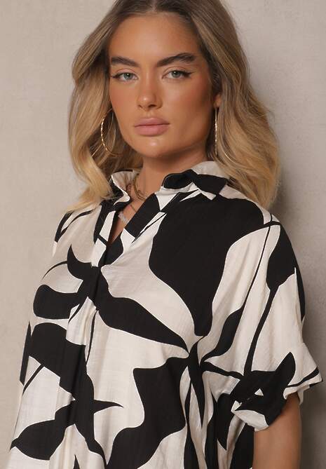 Czarna Rozkloszowana Sukienka w Abstrakcyjny Wzór z Bawełną Telianiela