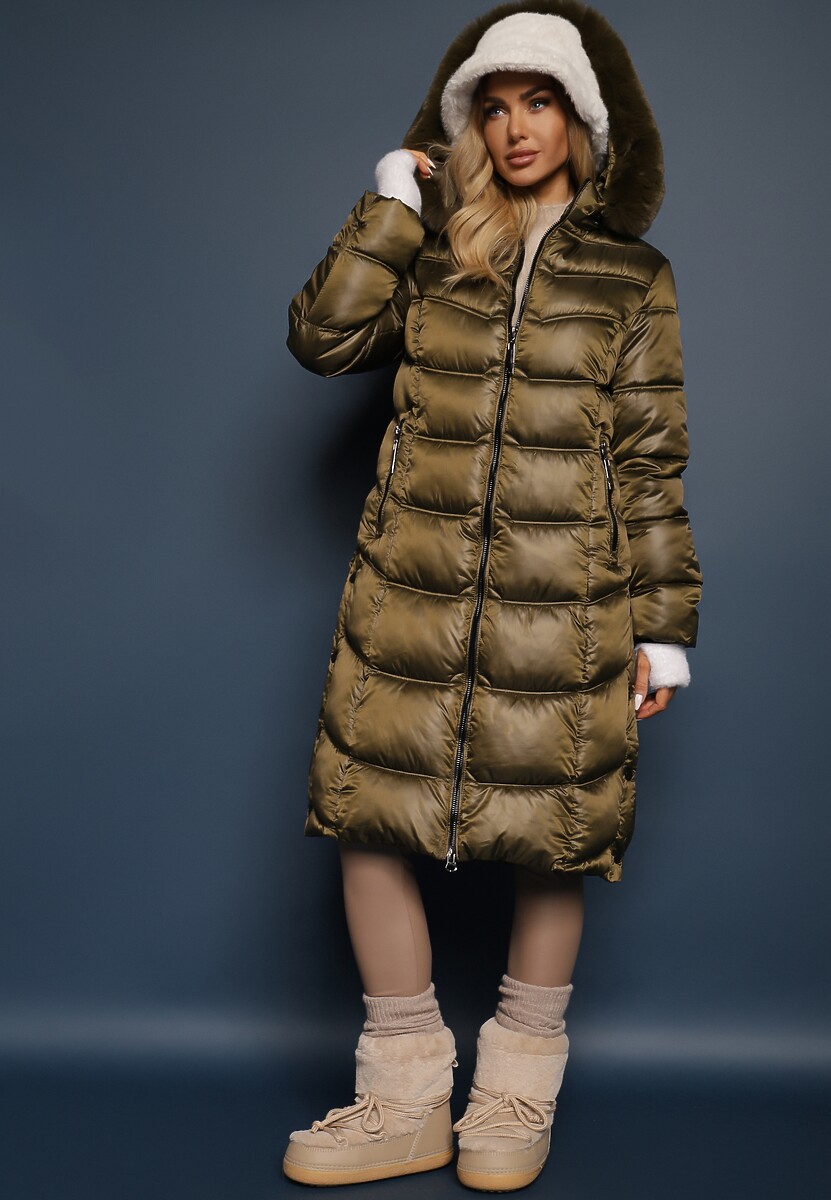 Beżowa Kurtka Płaszcz za Kolano z Pikowaniem i Odpinanym Kapturem Calarin