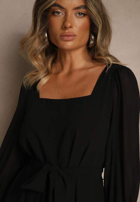 Czarna Sukienka Vices z Półtransparentnymi Rękawami Wiązania w Talii Resmosa