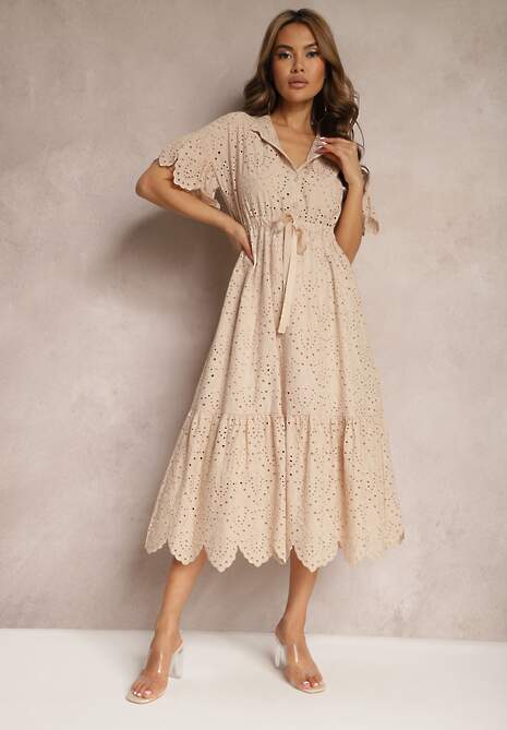 Beżowa Bawełniana Sukienka o Rozkloszowanym Kroju z Haftem z Guzikami i Gumką w Pasie Lovarae