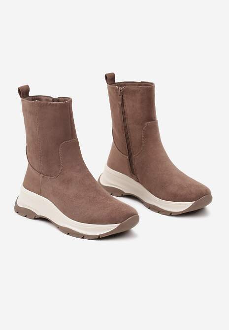 Ciemnobeżowe Streetwearowe Botki z Ekozamszu na Tłoczonej Platformie Realaeth