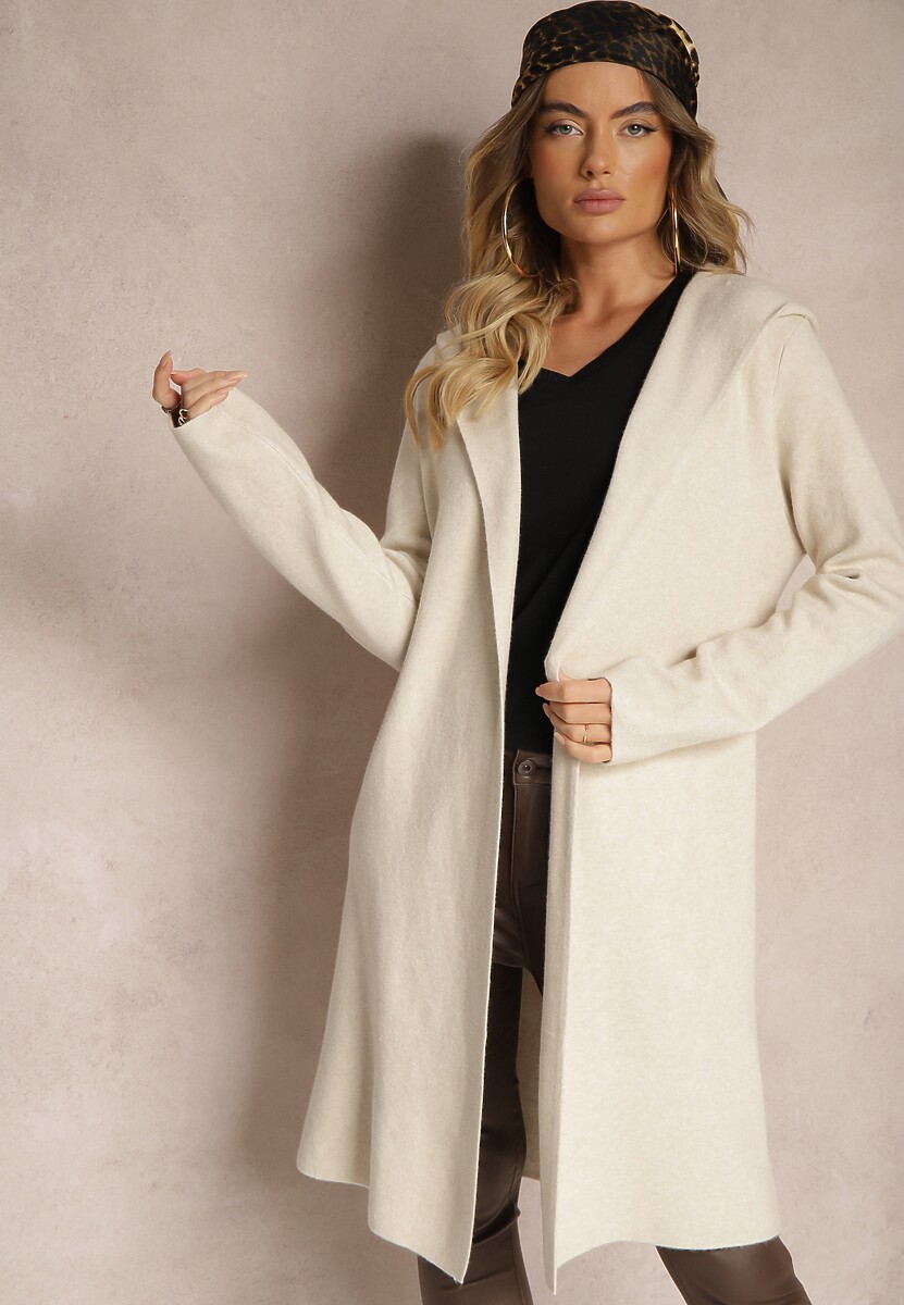 Szary Niezapinany Kardigan z Wiskozą o Długim Kroju z Kapturem Nevaliana