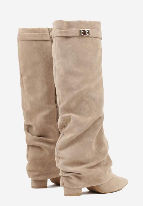 Ciemnobeżowe Marszczone Kozaki na Słupkowym Obcasie z Wywiniętą Cholewką Runella