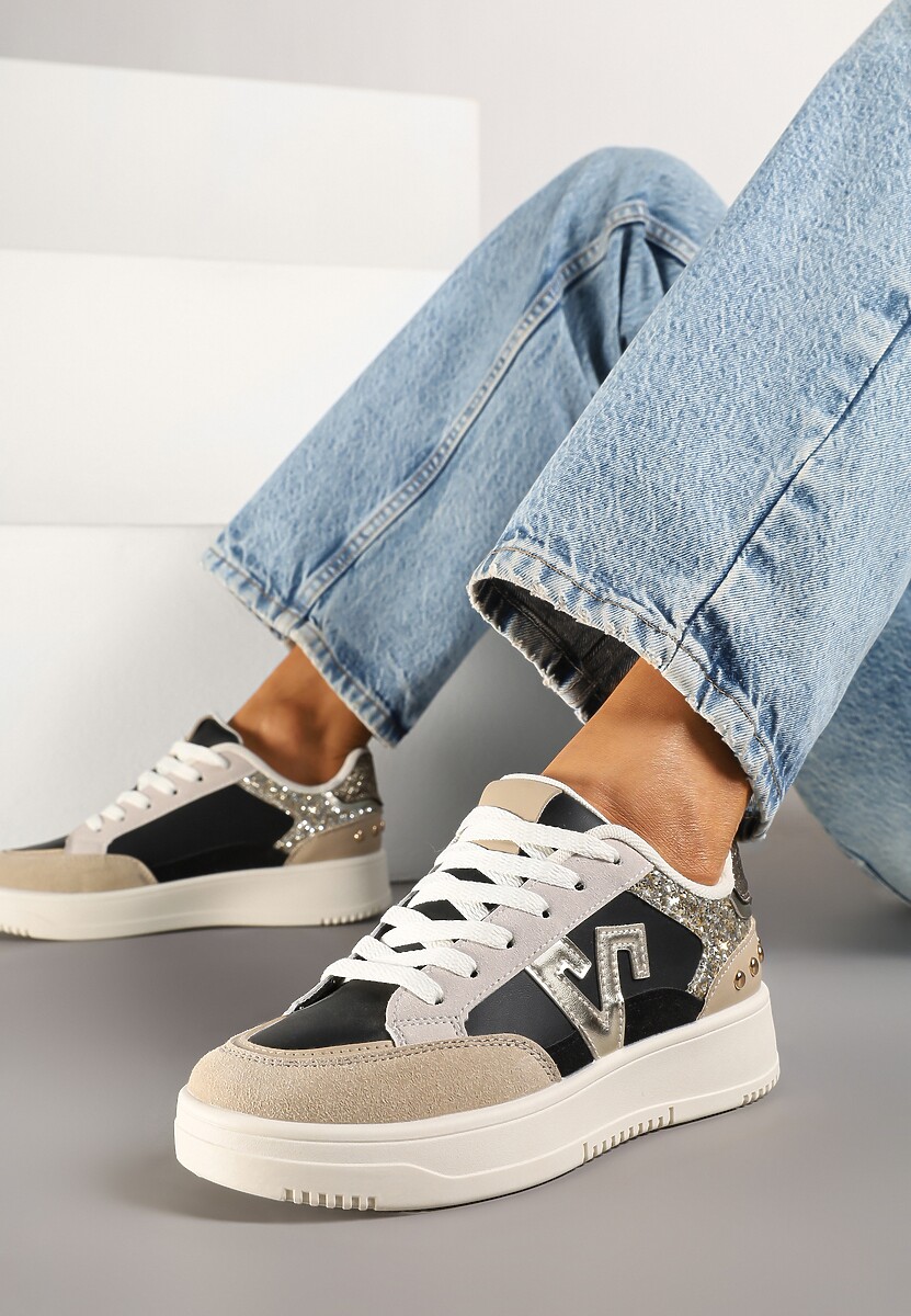 Czarno-Beżowe Sneakersy Ozdobione Metalicznymi Aplikacjami i Brokatem Pilliossa