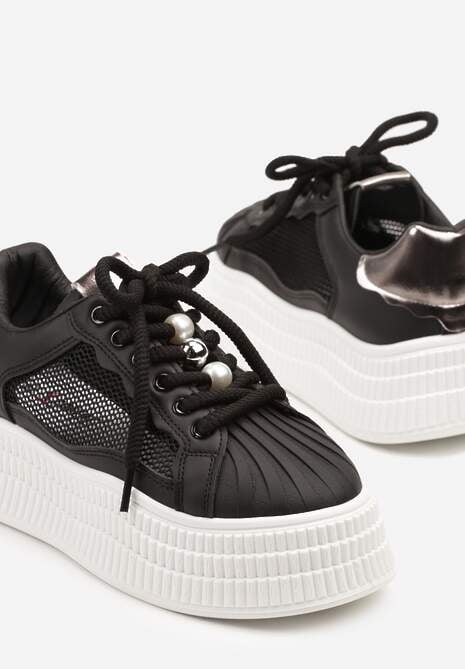 Czarne Sneakersy na Tłoczonej Platformie Elazia