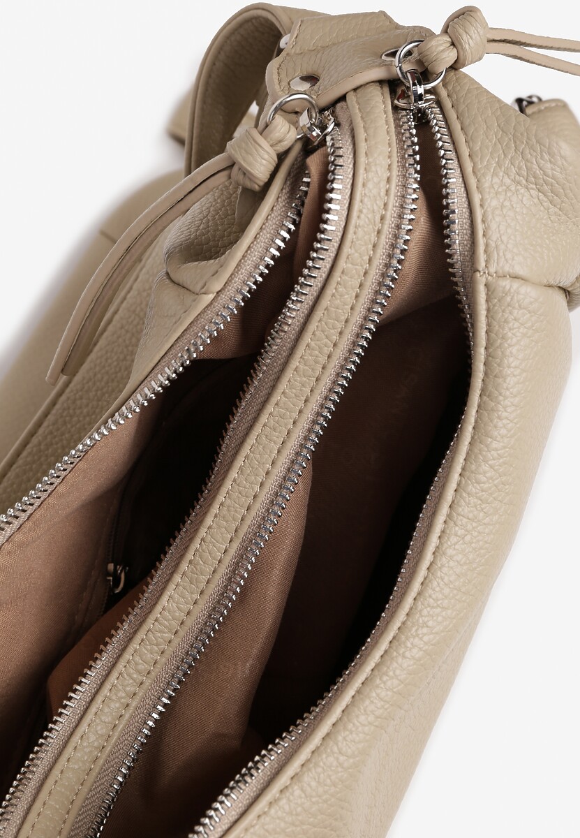 Ciemnobeżowa Torebka Hobo z Paskiem z Możliwością Regulacji Zdobiona Suwakami Tenina