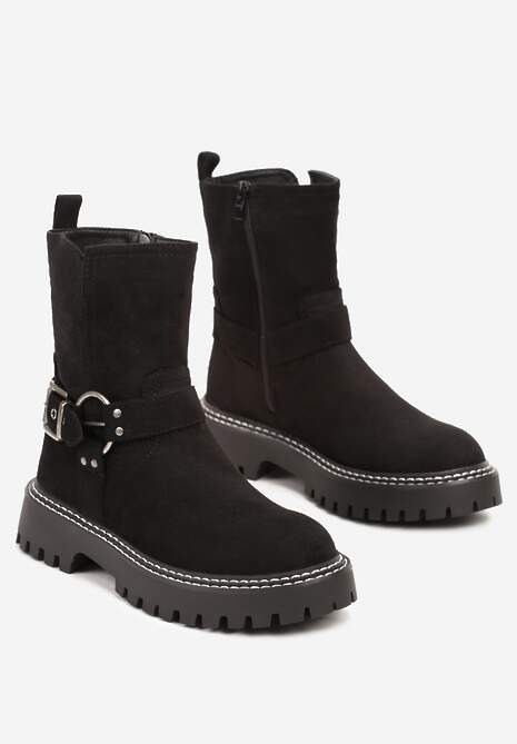 Czarne Płaskie Botki w Stylu Biker Ozdobione Klamrami i Paskami Terinene