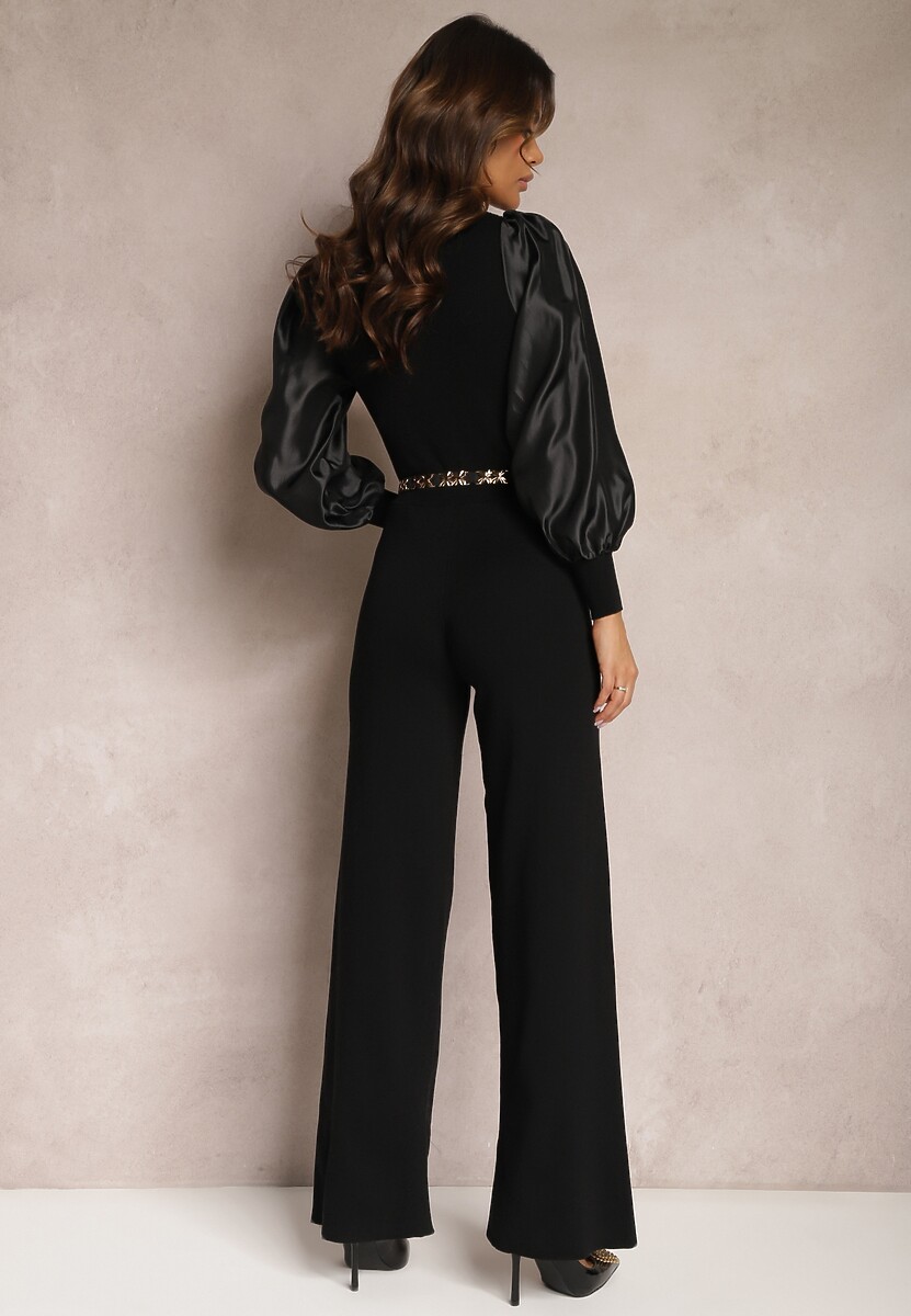 Czarny Długi Kombinezon z Paskiem i Bufiastym Rękawem Stellari