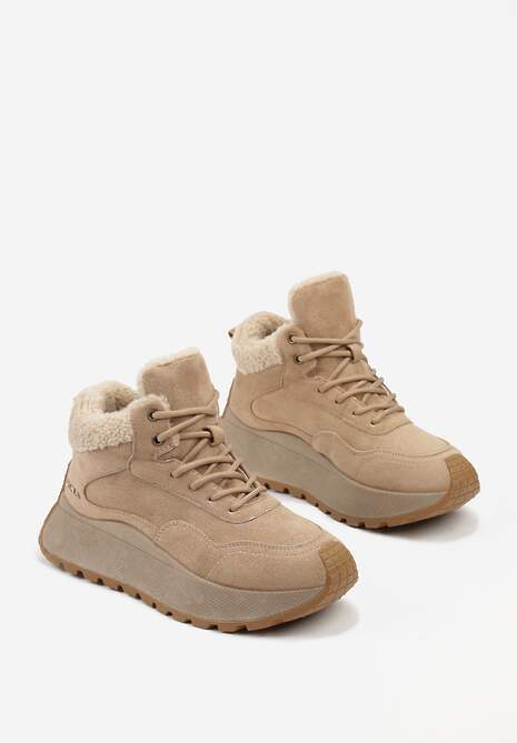 Jasnobrązowe Sneakersy Śniegowce  Vices na Platformie Ozdobione Napisem i Futerkiem Lanite